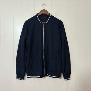 ZARA Men’s Piqué Bomber Jacket Navy Blue Size XL